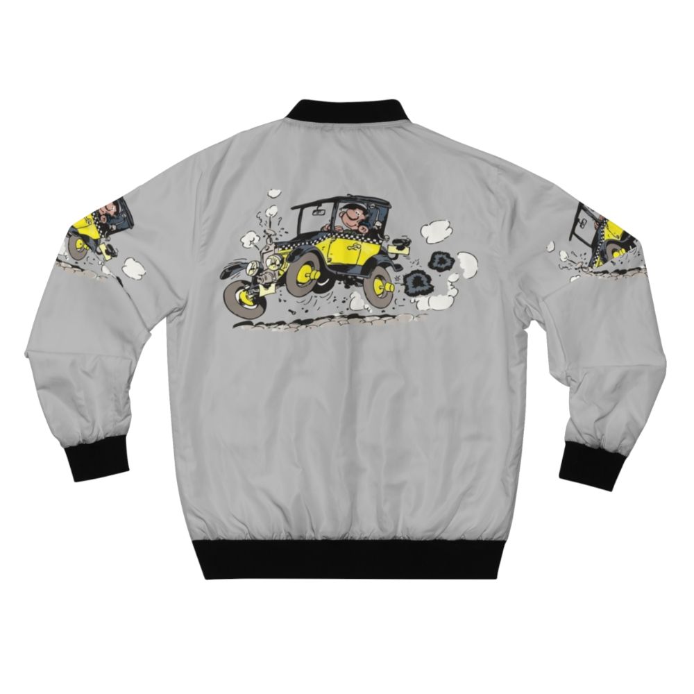 Guus Lagaffe Cartoon Adventure Bomber Jacket featuring a vintage illustration of the beloved Belgian comic book character - Back