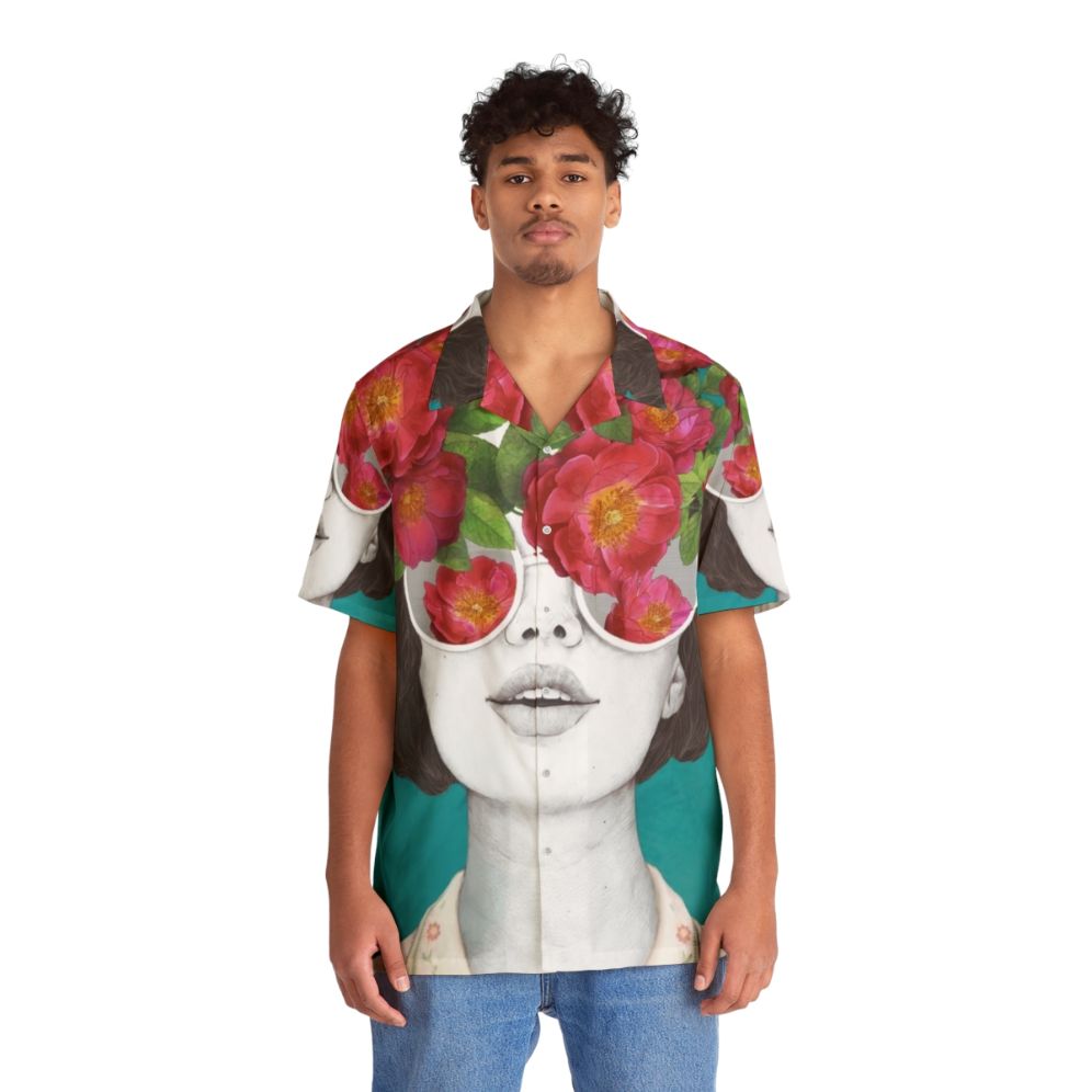 Tropical floral rose pattern Hawaiian shirt with tinted glasses - People Front