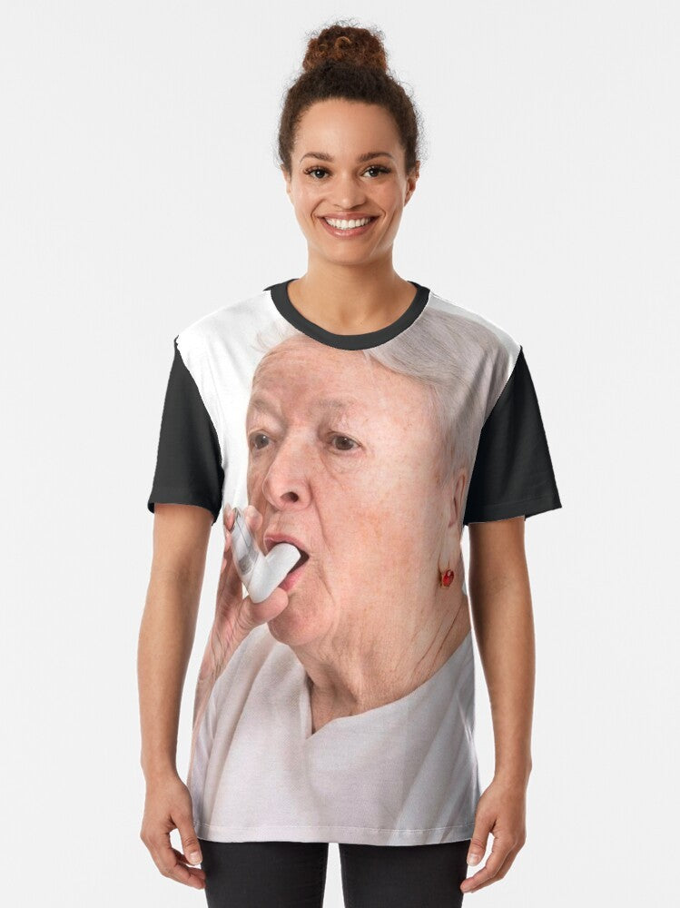 Grandma's Inhaler graphic t-shirt, featuring a vintage-style design with a medical inhaler and the text "Grandma's Inhaler" - Women