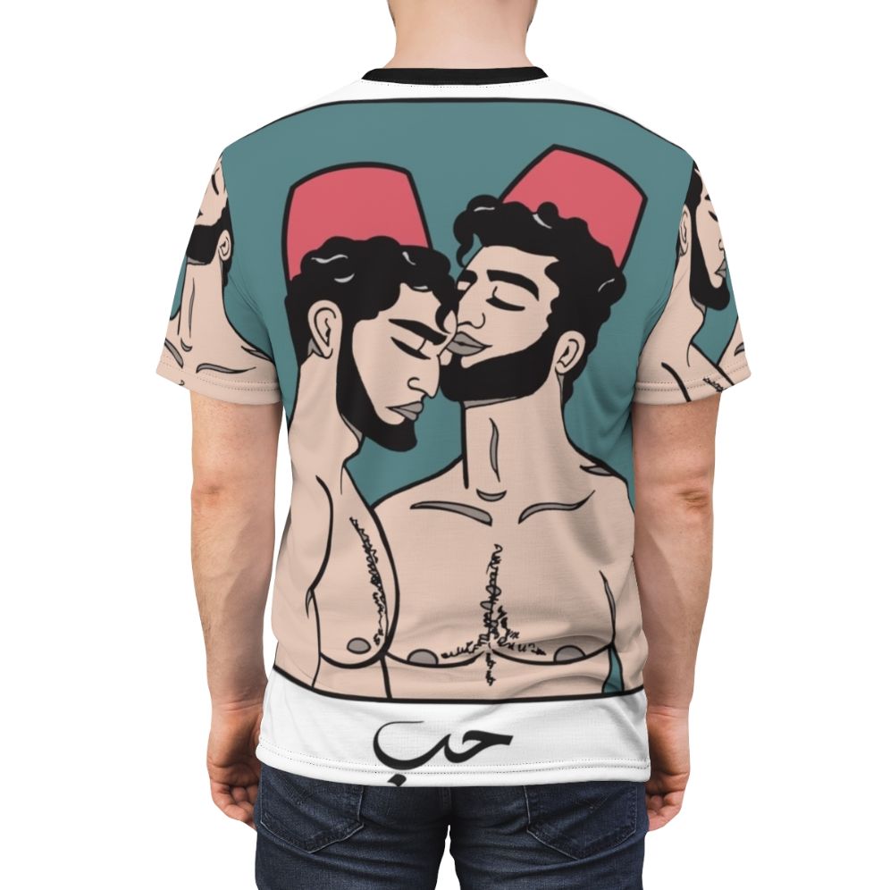 Colorful illustration of young men on a t-shirt design celebrating gay Arab culture - men back