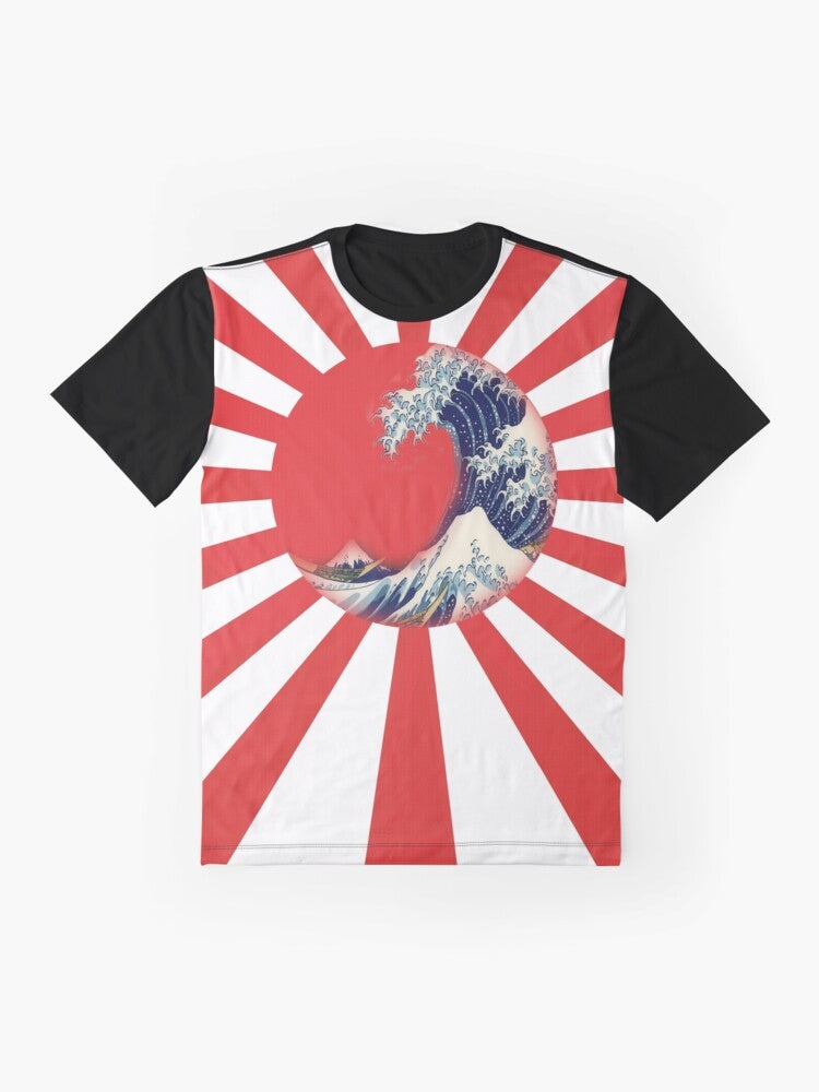 Graphic t-shirt featuring Hokusai's famous Great Waves of Rising Sun design - Flat lay