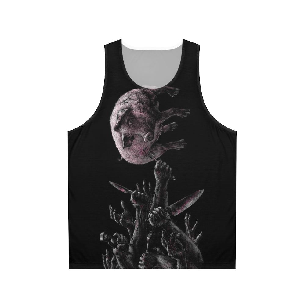 Unisex vegan tank top with pink and red pig skull and cutlery design