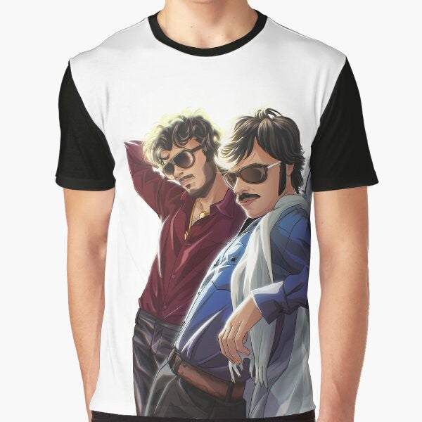 A graphic t-shirt featuring the iconic comedy music duo Flight of the Conchords