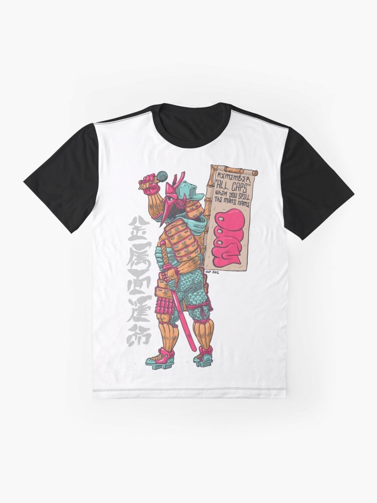 Daimyo graphic t-shirt featuring a stylized design with Japanese elements and hip-hop influences - Flat lay