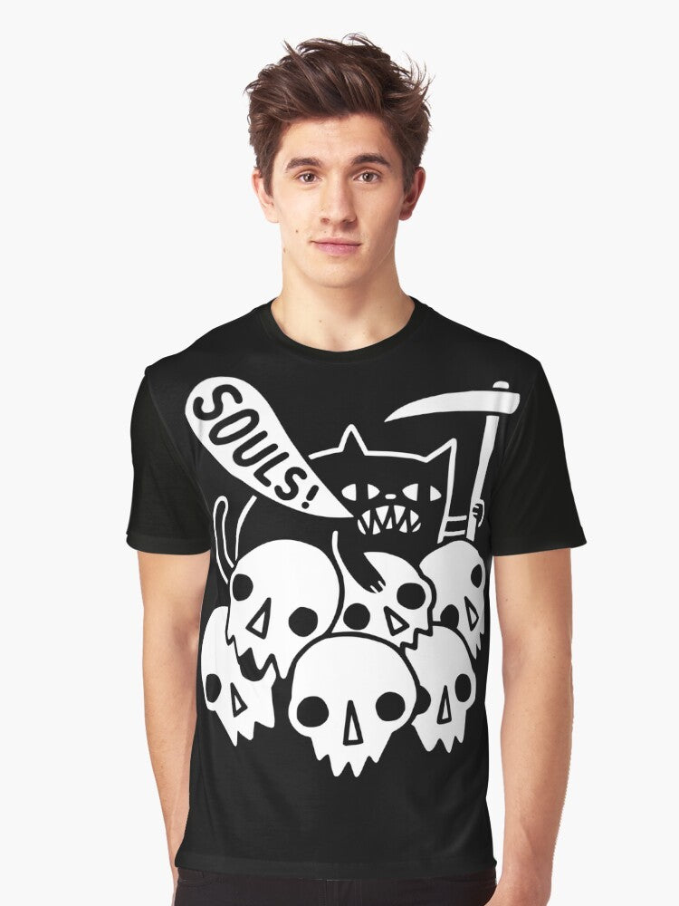 Graphic t-shirt design featuring a black cat with a skeleton skull and the phrase "Cat Got Your Soul?" - Men