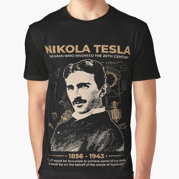 Nikola Tesla graphic t-shirt featuring a stylish pop art design with the inventor's name and a science-inspired quote.