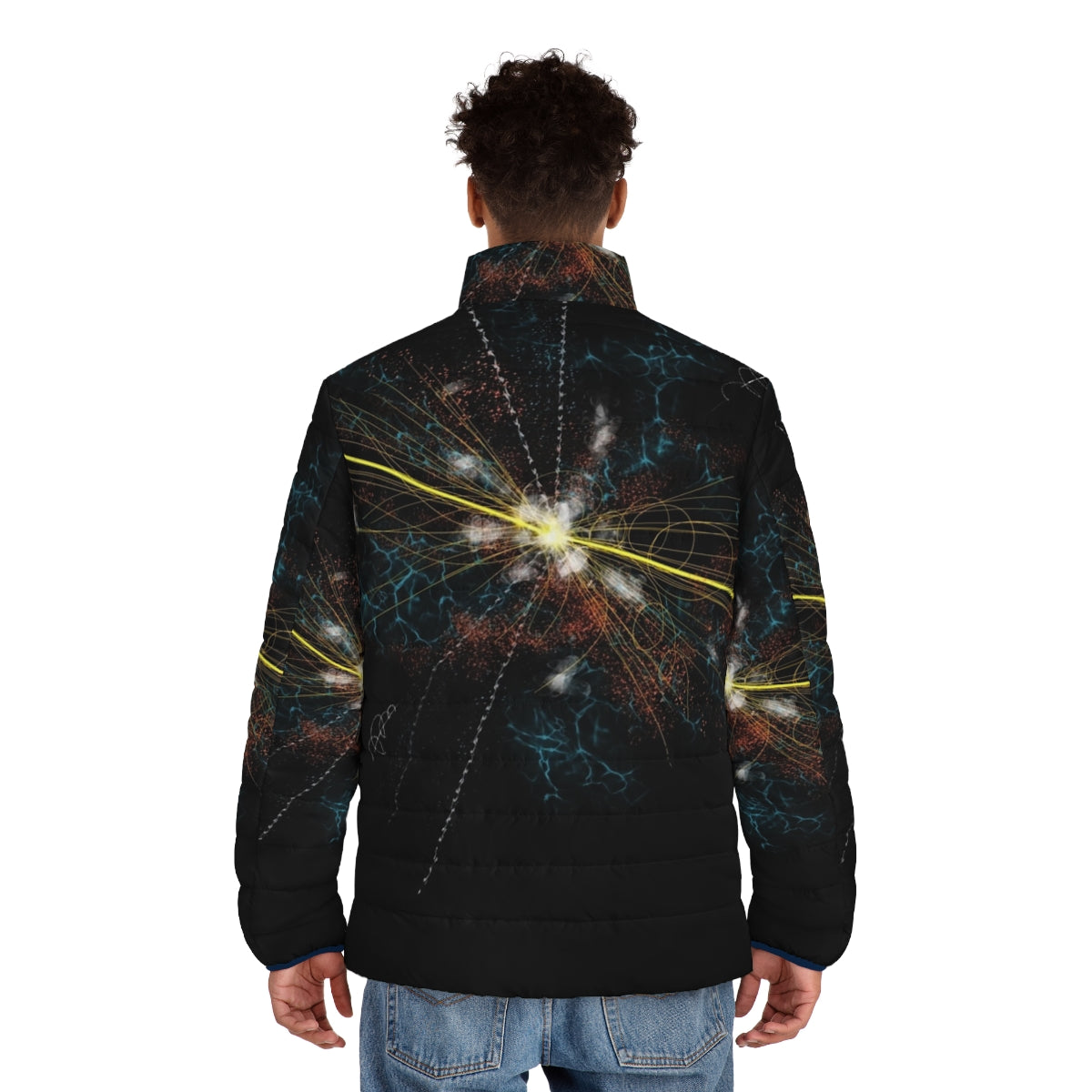 Higgs boson inspired puffer jacket with subatomic particle design - men back