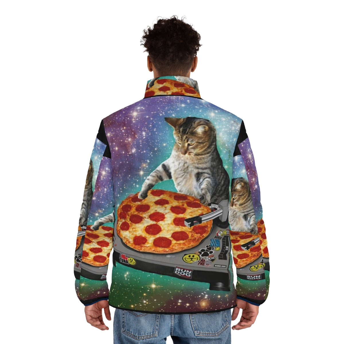 Dj cat pizza puffer jacket with a hilarious meme design - men back