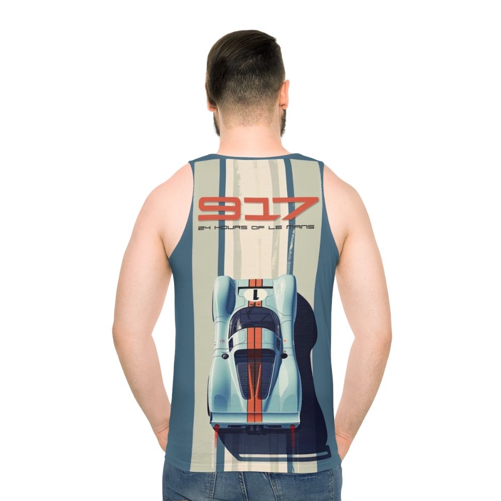 Porsche 917 race car in vintage Martini Racing livery on unisex tank top - men back