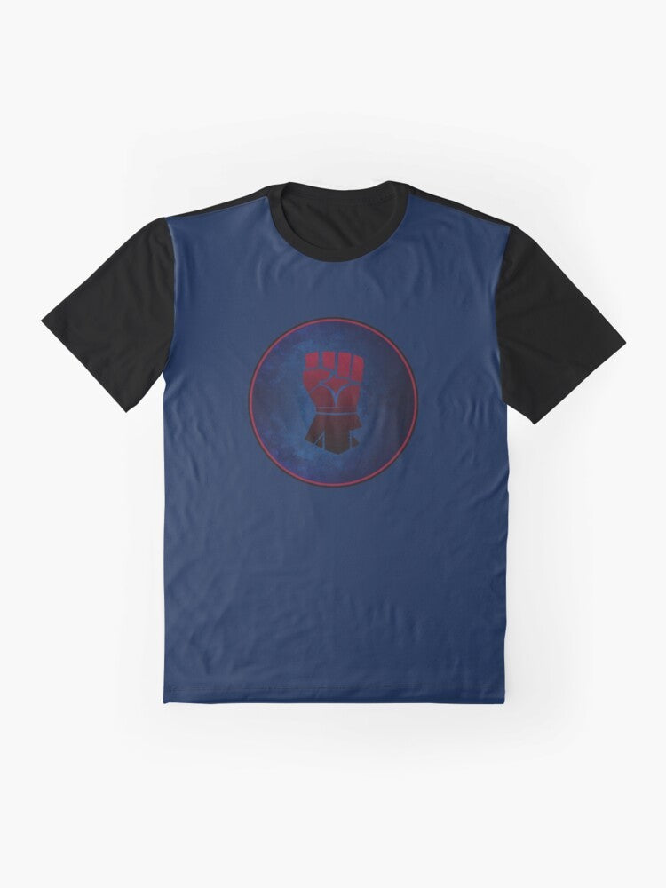 Crimson Fists space marine chapter logo and pauldron symbol on a graphic t-shirt - Flat lay