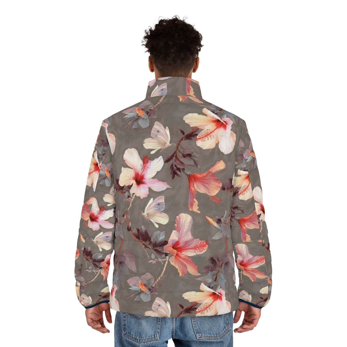 Coral hibiscus floral puffer jacket with tropical butterfly pattern - men back