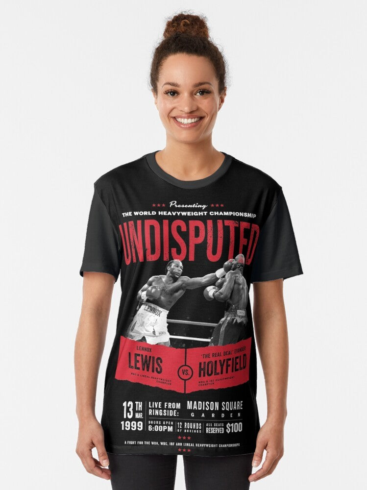 Graphic t-shirt design featuring Lennox Lewis and Evander Holyfield, the undisputed heavyweight boxing champions. - Women