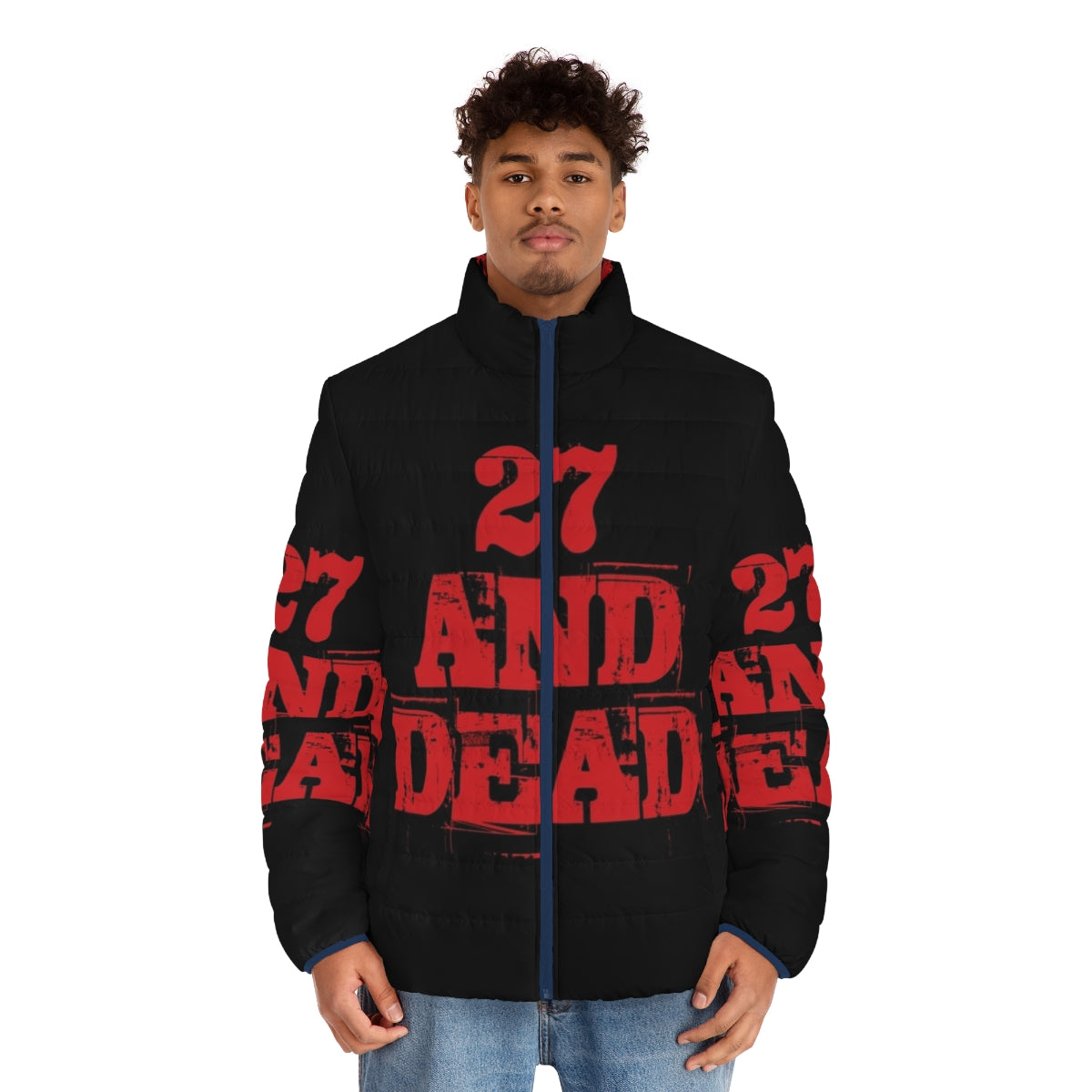 '27 and Dead' retro puffer jacket featuring pop culture references - men front