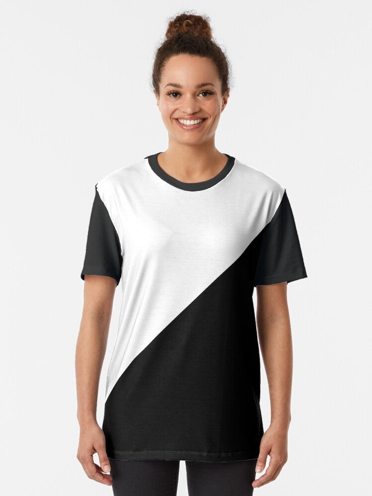 Diagonal half black and white graphic t-shirt with a modern, minimalist design - Women