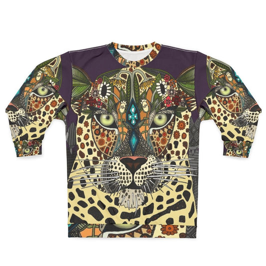 Leopard print sweatshirt with tribal and botanical design