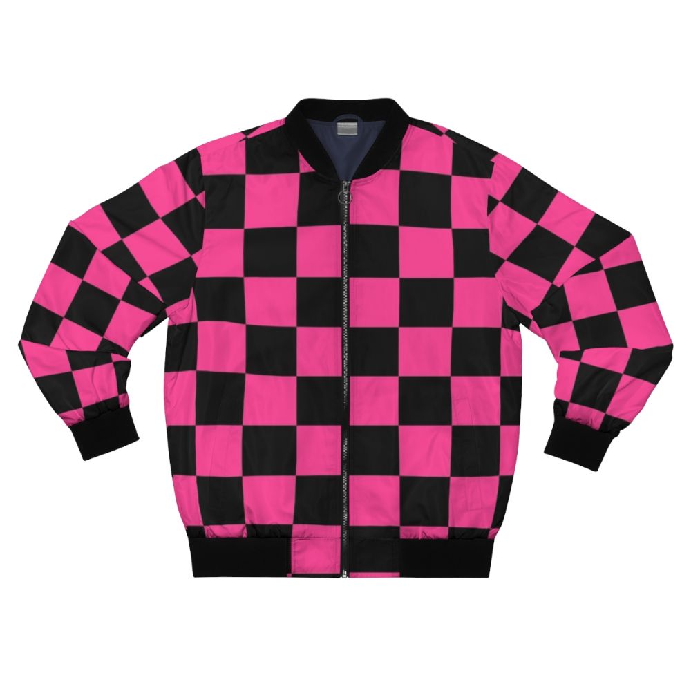 A stylish black and pink checkerboard pattern bomber jacket with a geometric design.