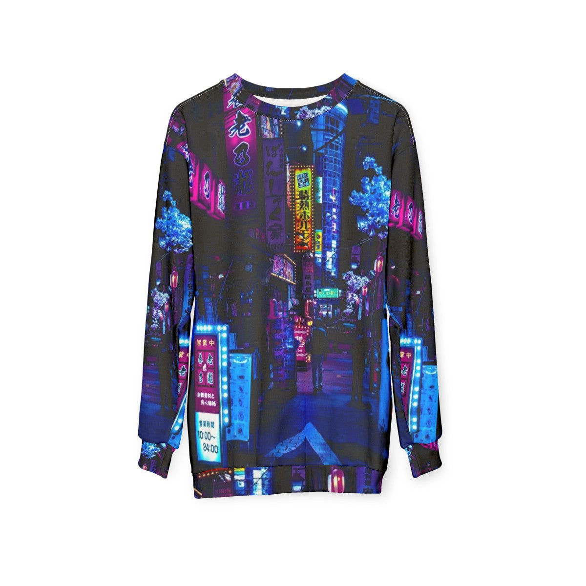 "Blue Tokyo Alley Sweatshirt with Cyberpunk Neon Streetwear Design" - hanging