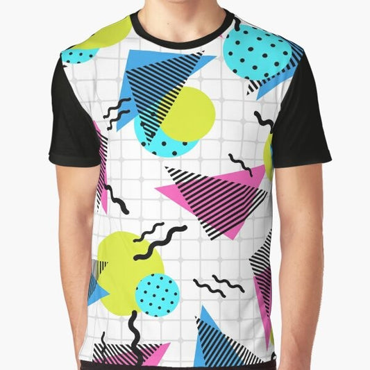 Retro 80s geometric graphic design t-shirt featuring a colorful grid pattern with triangles in pink, blue, white, green, and yellow.