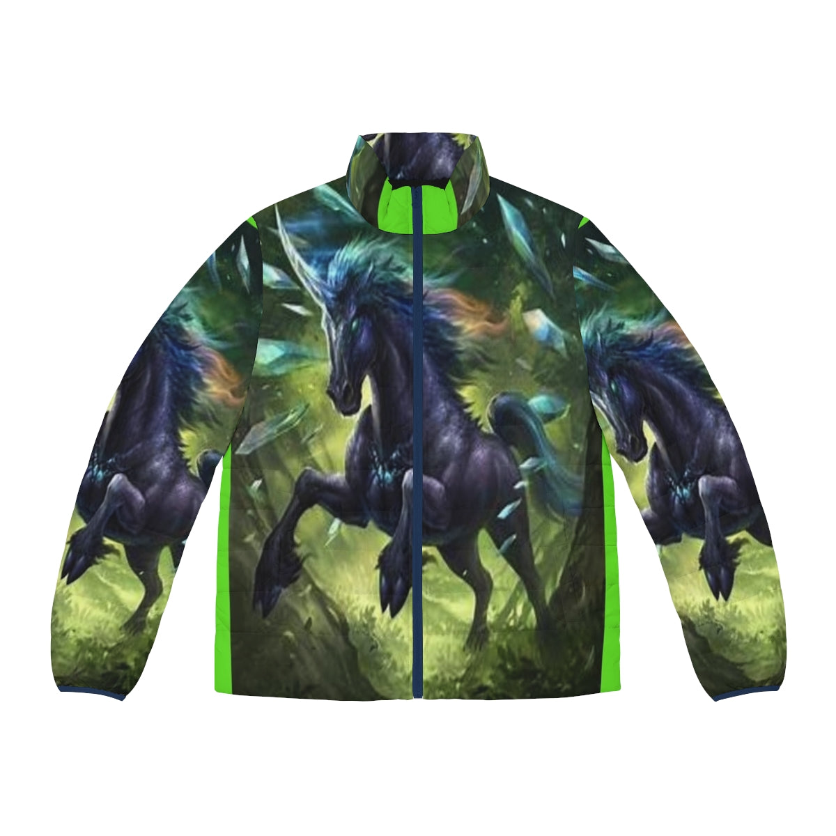 A black unicorn puffer jacket featuring a fantasy animal design