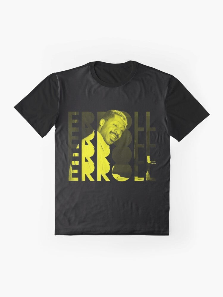 Stylish graphic t-shirt featuring the name and iconic imagery of jazz pianist Erroll Garner - Flat lay