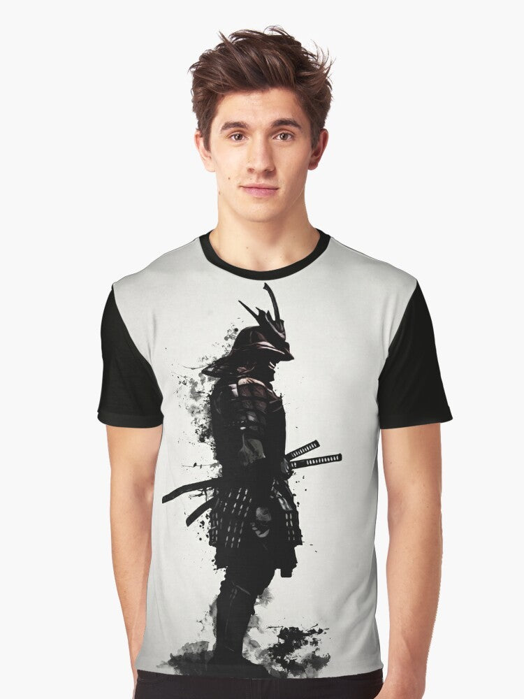 Armored samurai graphic tshirt featuring a warrior in traditional Japanese armor and a katana sword - Men