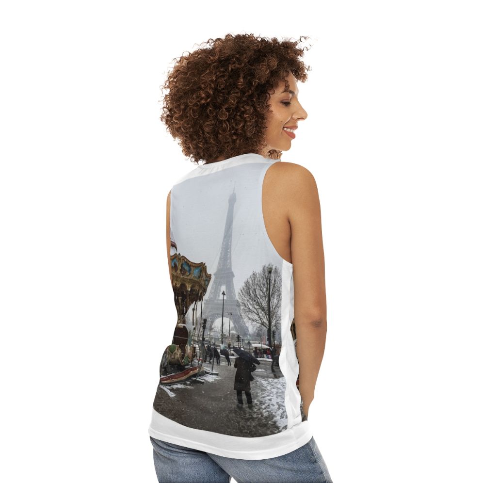 Unisex tank top with Eiffel Tower and winter scene design - women back