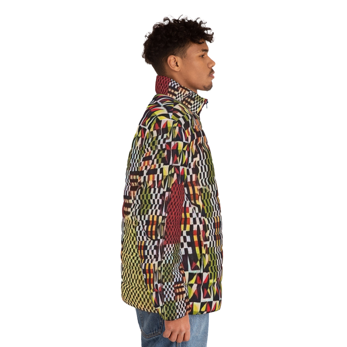 Puffer jacket featuring Alfred Jensen's colorful geometric artwork inspired by the Pythagorean Theorem - men side right