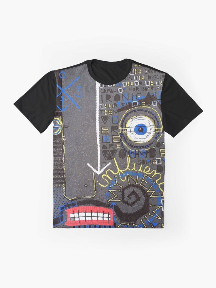 Influence graphic t-shirt featuring abstract face with mustache design in Basquiat style by Mijumi - Flat lay