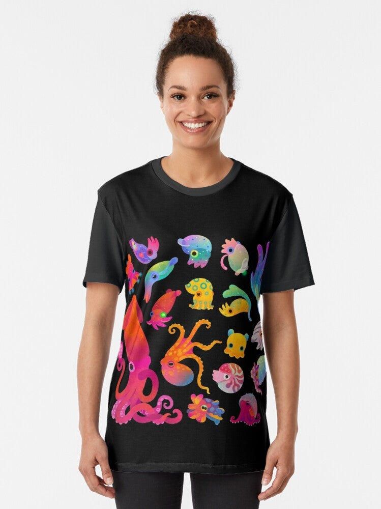 Cephalopod Graphic T-Shirt featuring a variety of marine cephalopods like squid, octopus, and more - Women