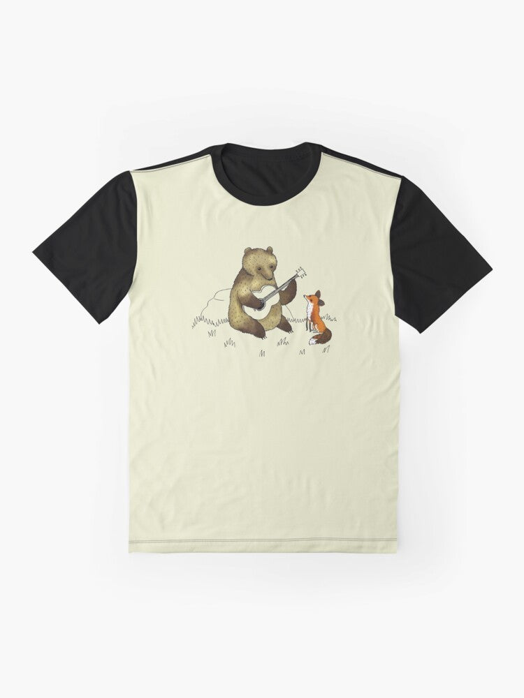 Cute illustration of a bear and a fox playing guitar in the woods - Flat lay