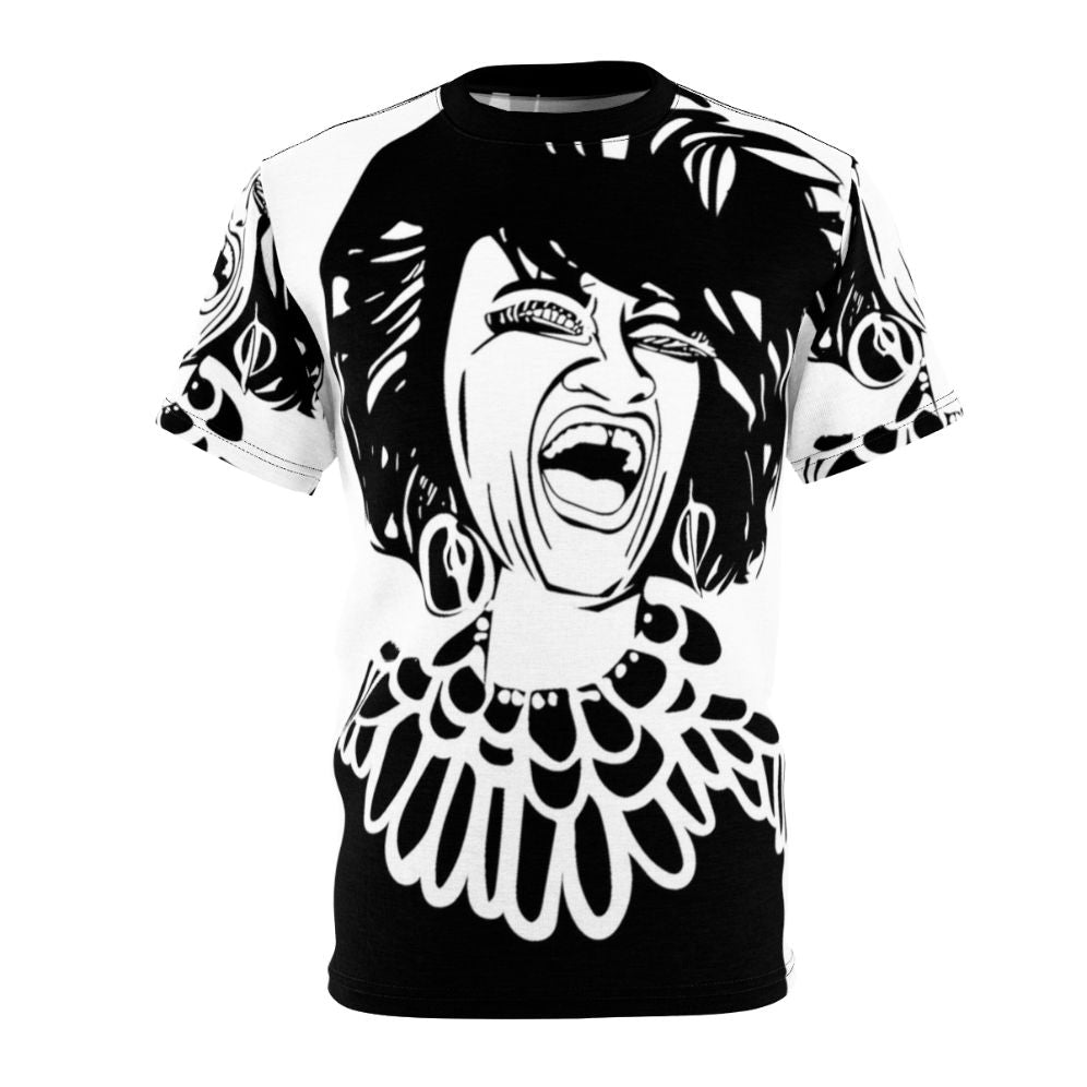 Stylized black and white portrait of Cuban singer Celia Cruz