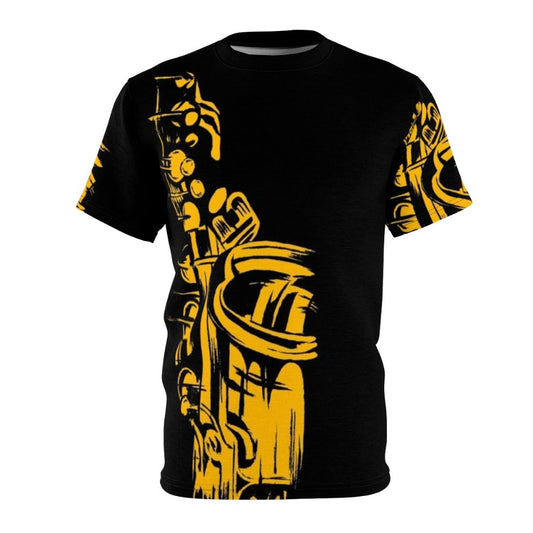 Saxophone keywork silhouette design on a yellow t-shirt