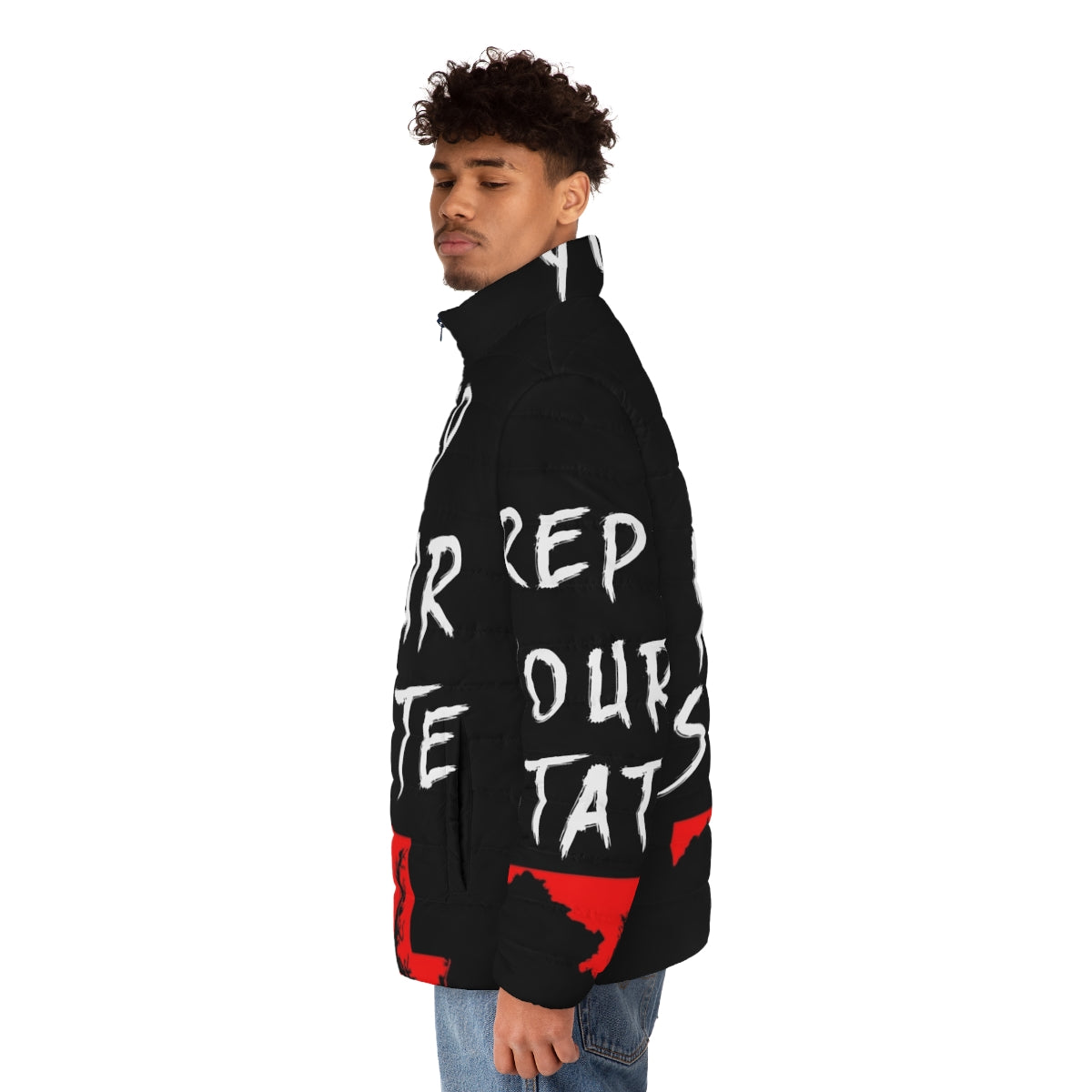 Maryland state puffer jacket with text "Rep Your State" - men side left