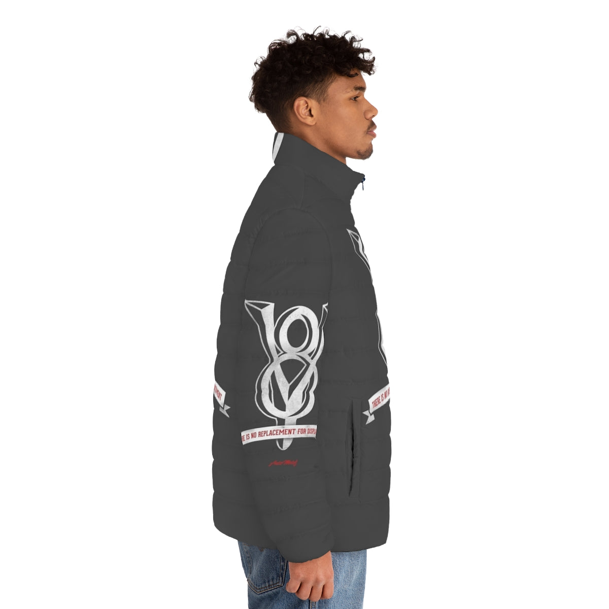 A puffer jacket featuring an automotive-inspired design, perfect for car enthusiasts - men side right