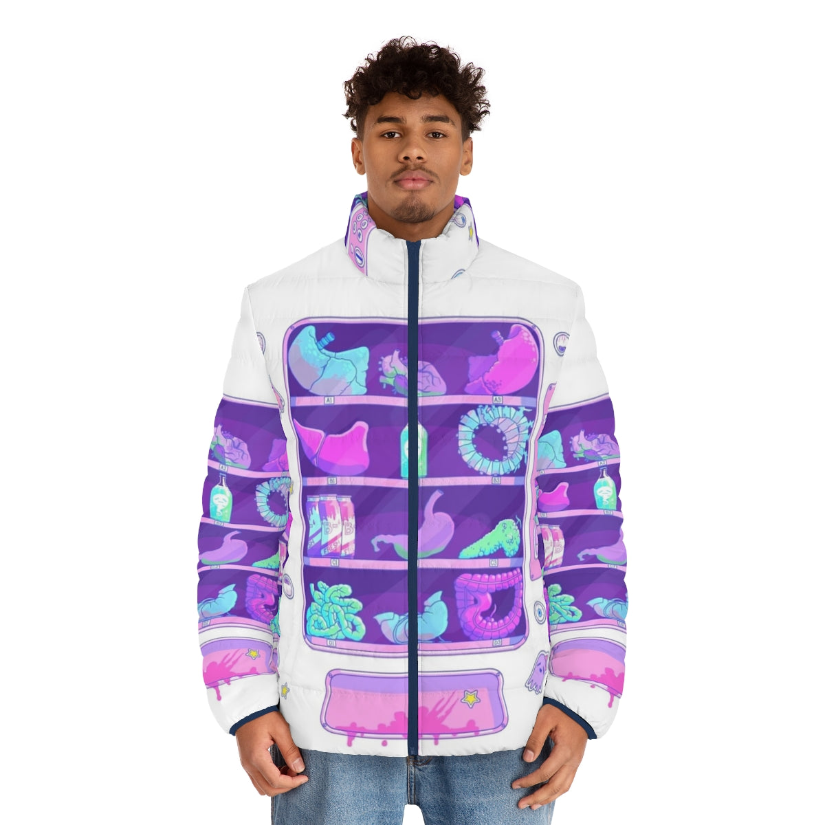 Pastel goth puffer jacket with a print of bizarre, surreal organs - men front