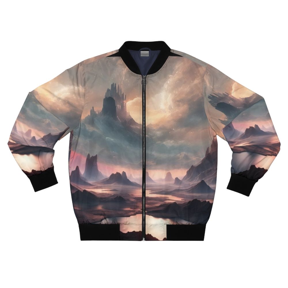 A bomber jacket featuring a cosmic fantasy sci-fi landscape graphic design.