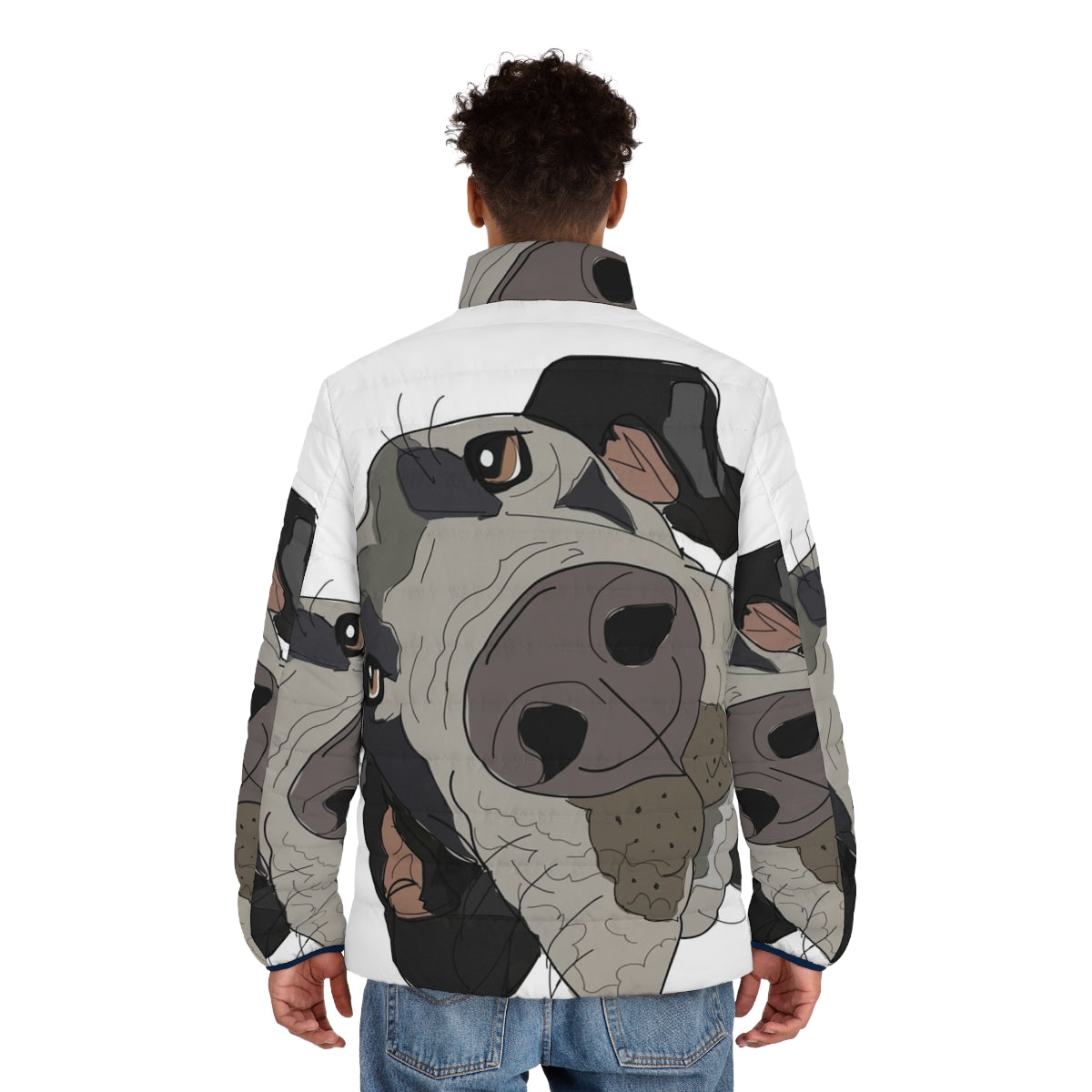 Great Dane dog wearing a puffer jacket with a sketch-like design - men back