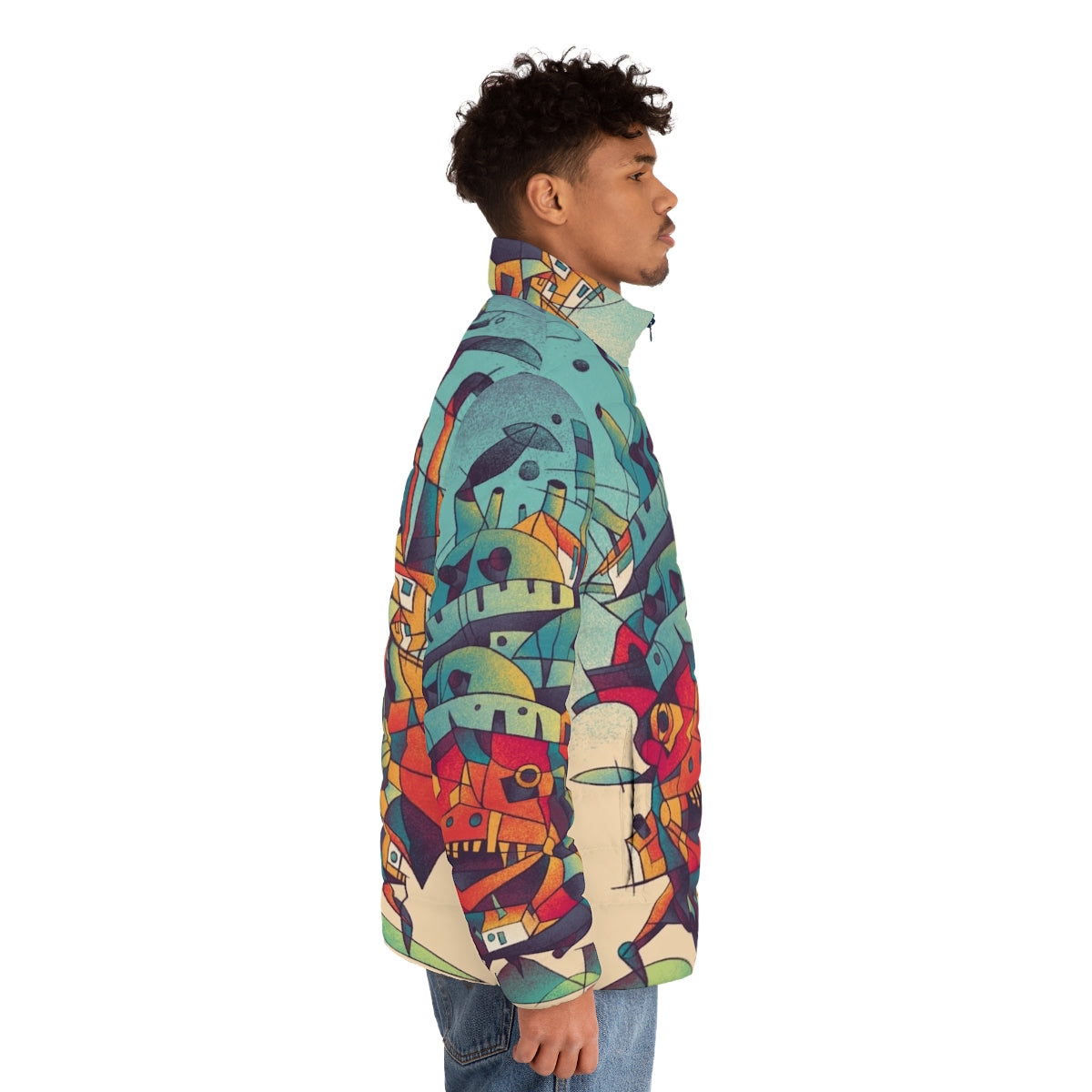 Moving Castle Anime Puffer Jacket featuring cubist and fantasy design - men side right