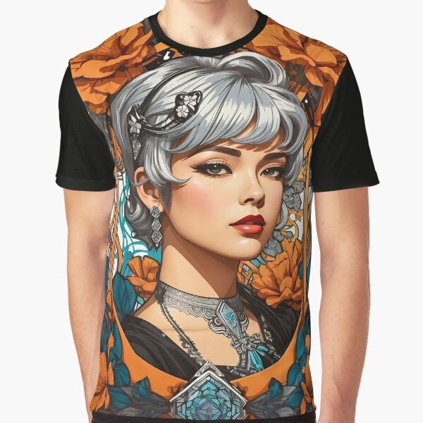 Bohemian silver haired woman wearing a floral retro vintage graphic t-shirt