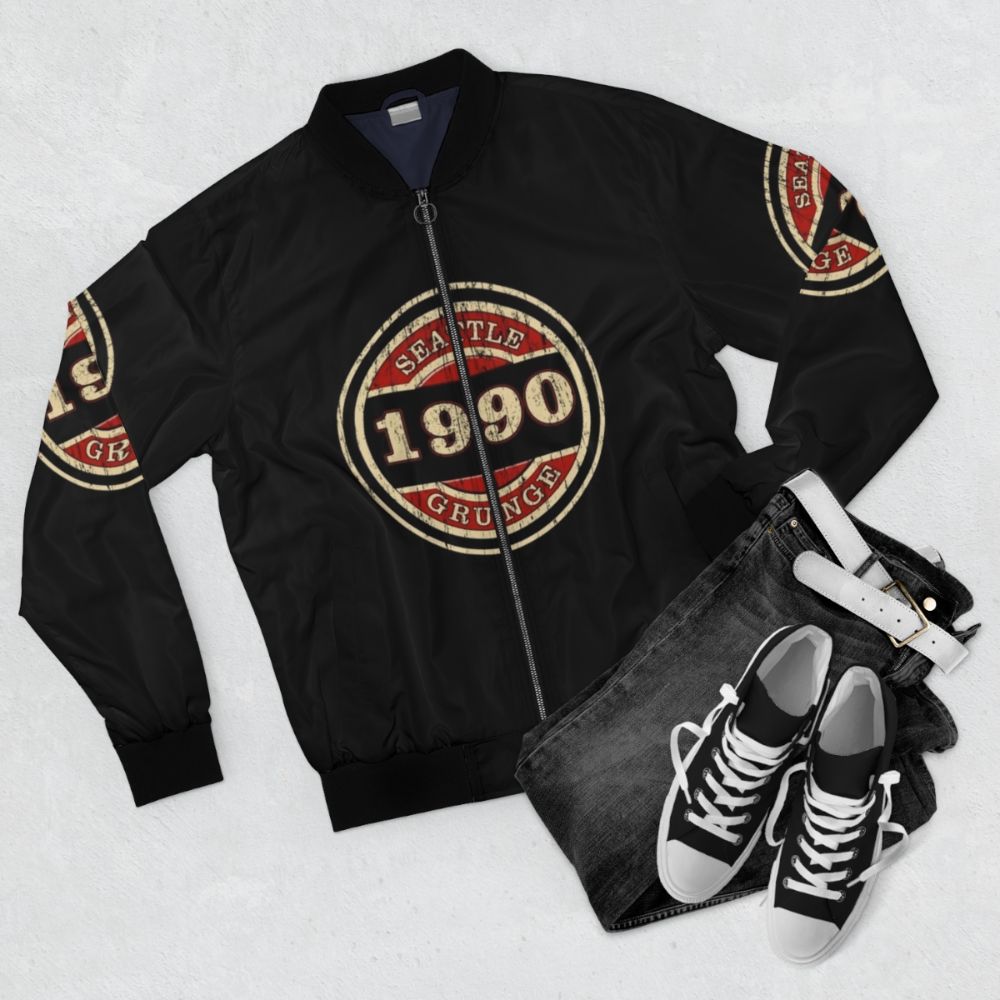 Seattle Grunge Bomber Jacket with Iconic '90s Music Imagery - Flat lay