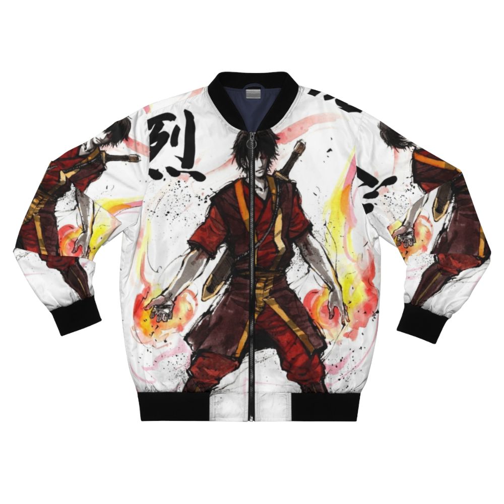 Bomber jacket featuring an illustration of Zuko from the Avatar series, created with sumi ink and watercolor.