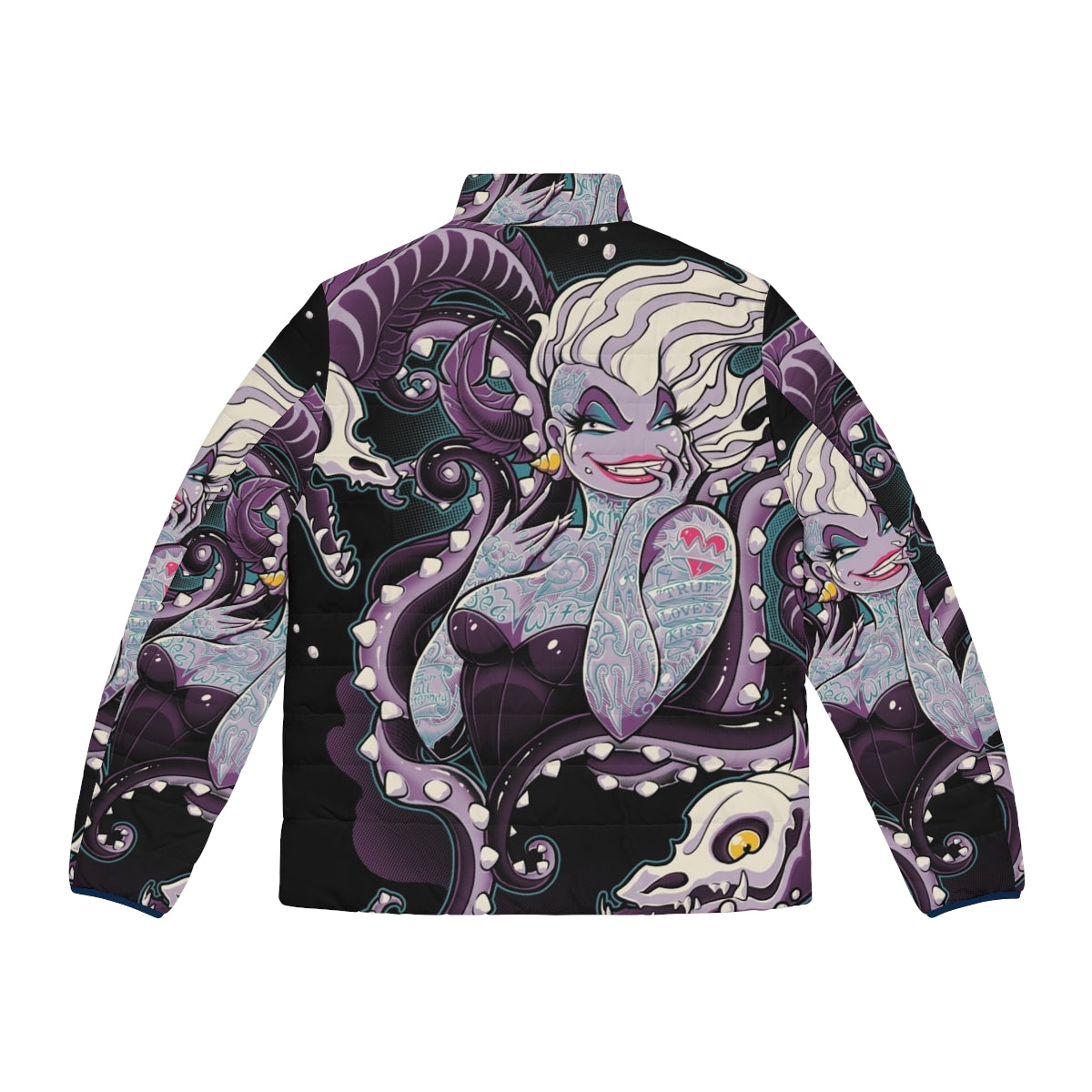 A woman wearing a puffer jacket with an octopus tattoo design, standing in an underwater setting. - Back