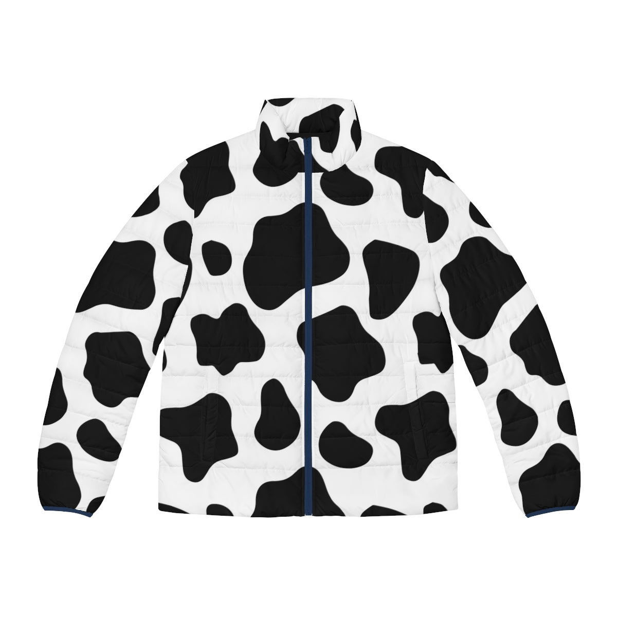 Cow spots pattern puffer jacket with black and white cow print design