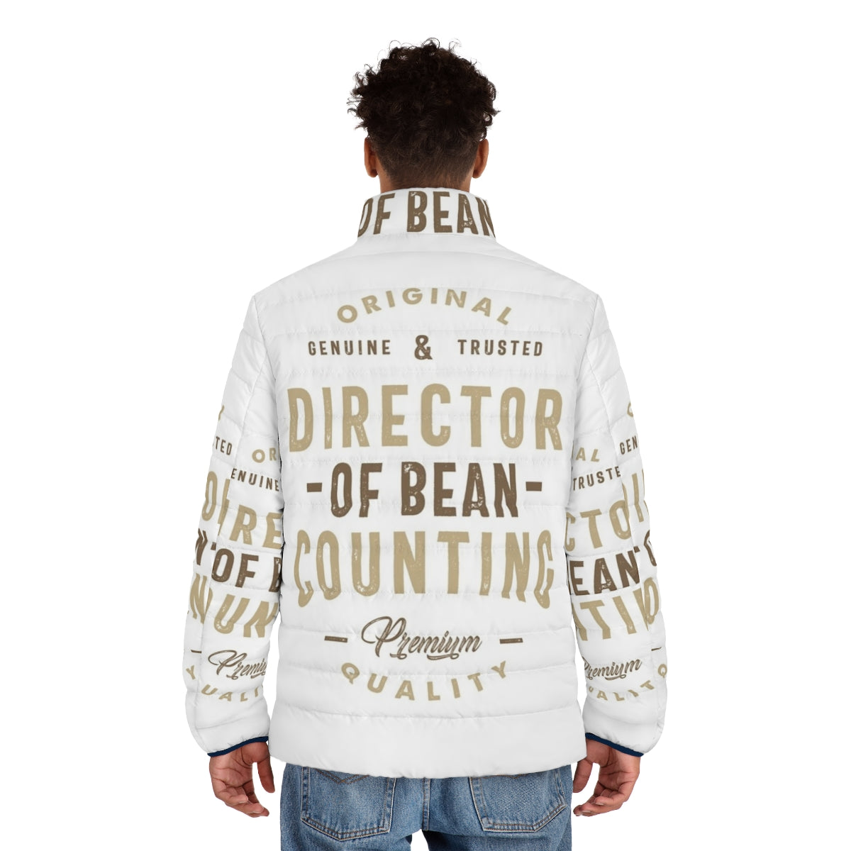 Director of Bean Counting Puffer Jacket with Typographic Design - men back