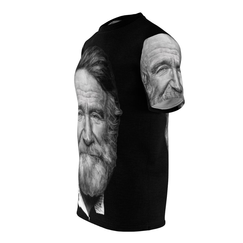 Artistic rendition of Robin Williams in a portrait design on a t-shirt - men left