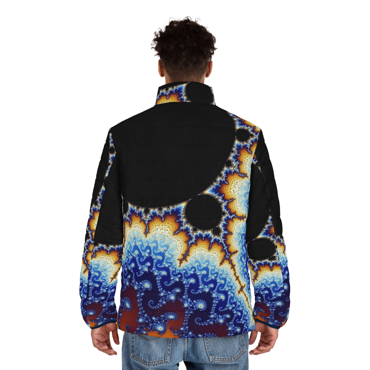 Mandelbrot set puffer jacket with a colorful, abstract fractal pattern - men back