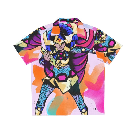 Big Barda female superhero wearing a vibrant Hawaiian shirt