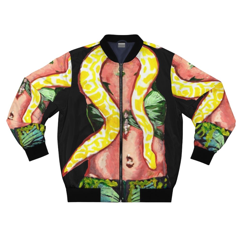 90s pop culture inspired snake print bomber jacket