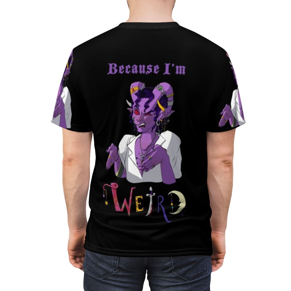 Artistic t-shirt design featuring a quirky tiefling character, perfect for Critical Role and Dungeons & Dragons enthusiasts. - men back