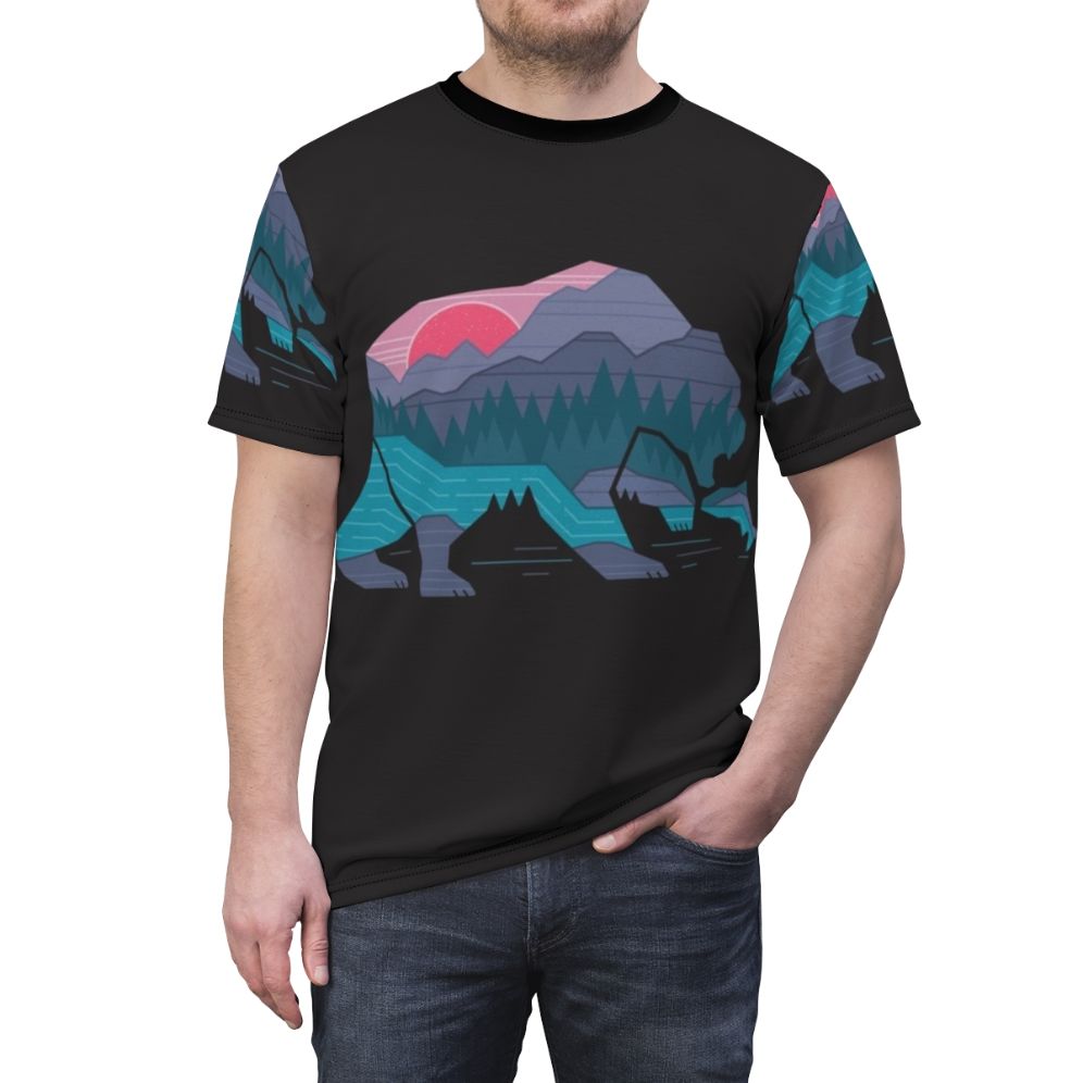 Rugged Bear Country AOP T-Shirt featuring a minimalist graphic design of bears, mountains, and wilderness - men front